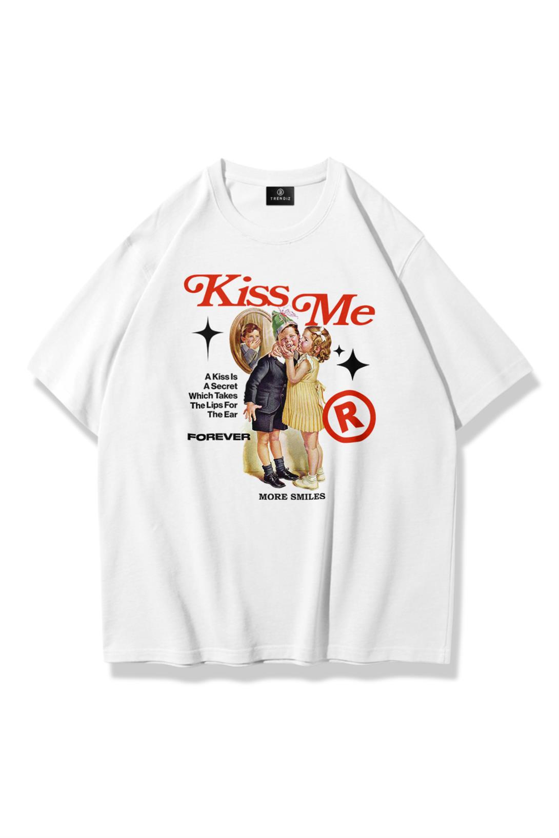 Trendiz Unisex Kiss Me Tshirt Beyaz