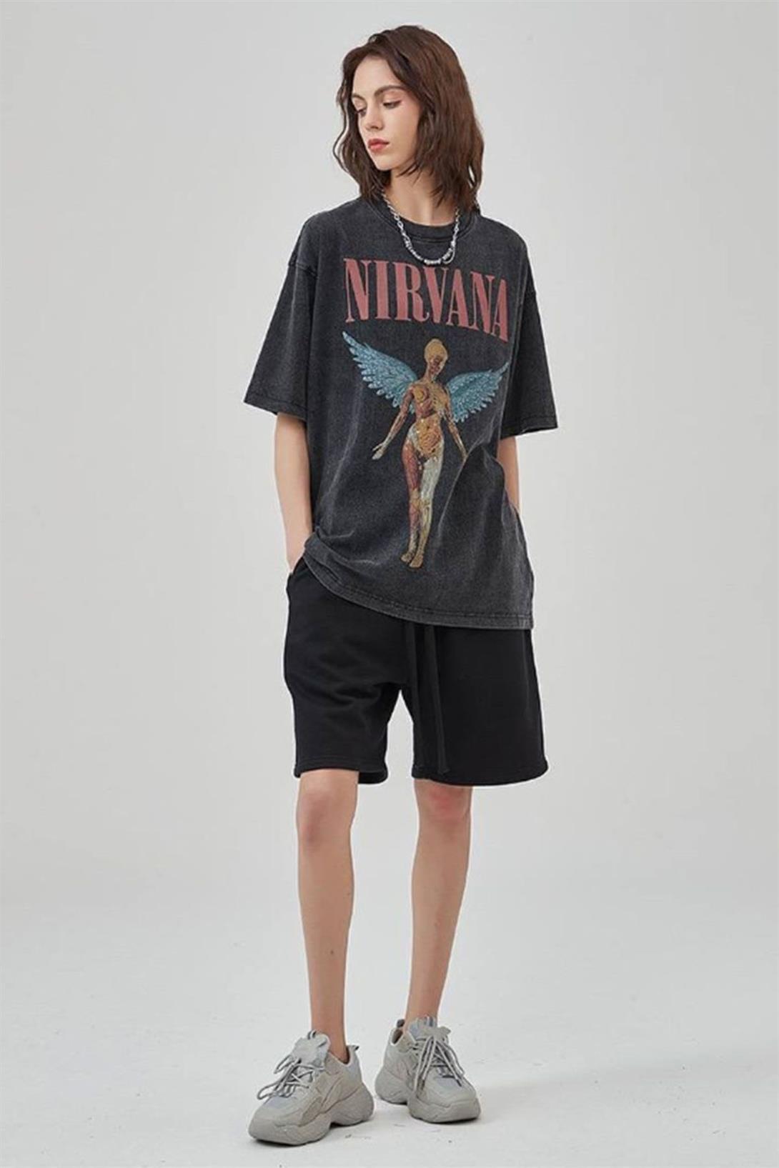 Trendiz Unisex Nirvana Angel Yıkamalı Tshirt Antrasit