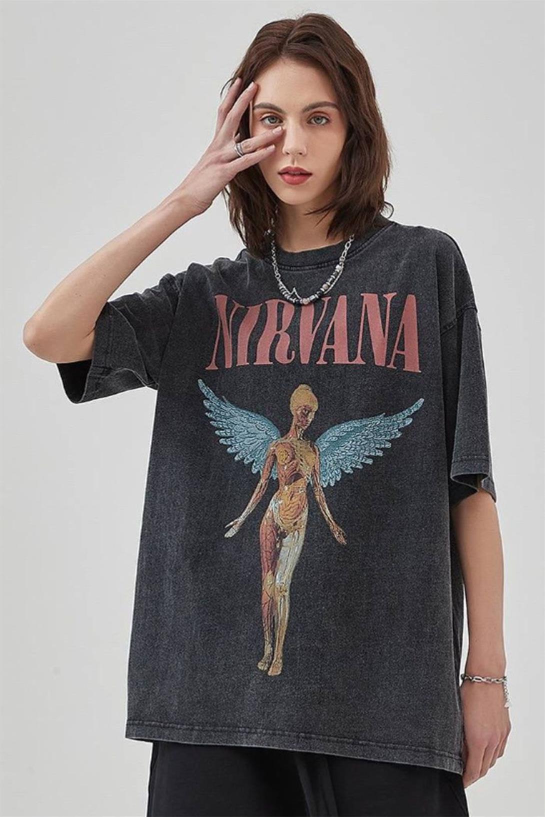 Trendiz Unisex Nirvana Angel Yıkamalı Tshirt Antrasit