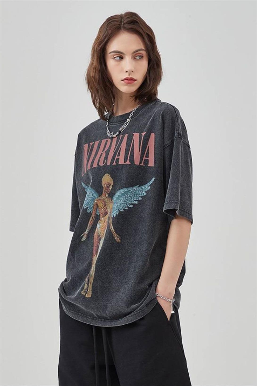 Trendiz Unisex Nirvana Angel Yıkamalı Tshirt Antrasit