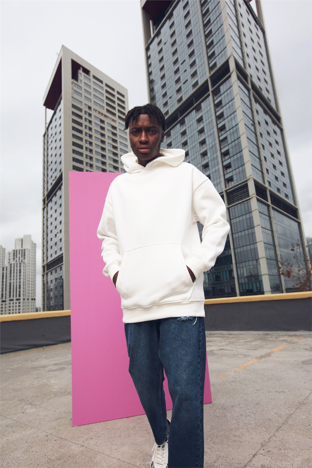 Trendiz Unisex Oversize Basic Sweatshirt Hoodie Beyaz