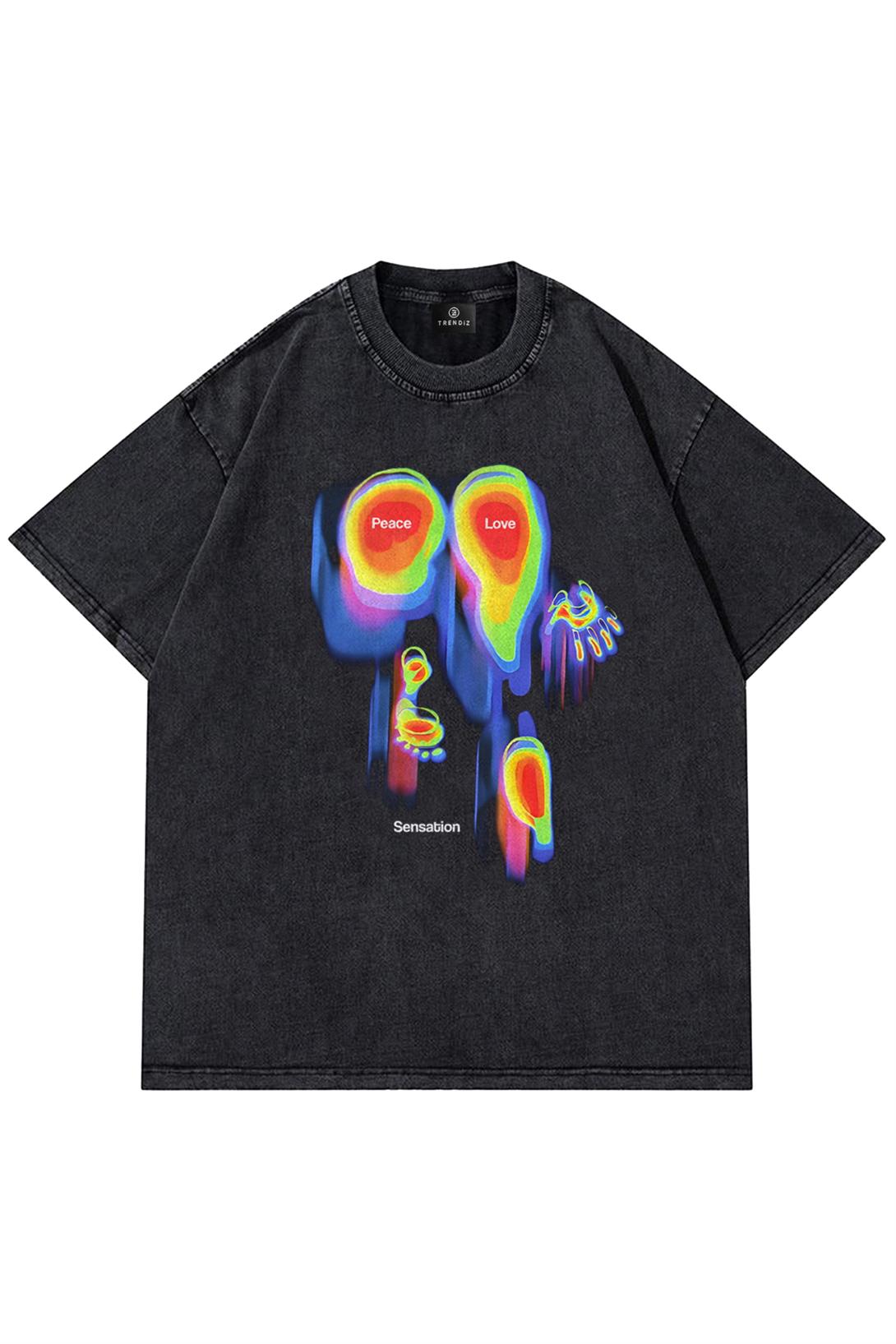 Trendiz Unisex Peace Love Yıkamalı Tshirt 