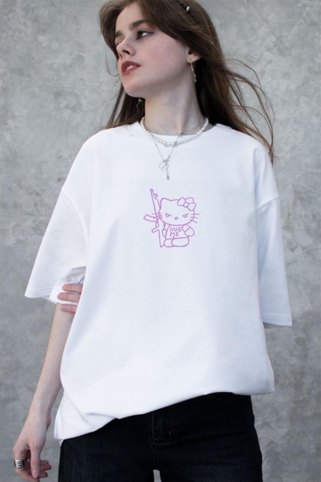 Trendiz Unisex Pembe Hug Me Hello Kitty Tshirt Beyaz