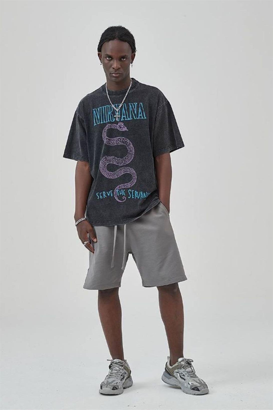 Trendiz Unisex Serve the Servants Nirvana Yıkamalı Tshirt Antrasit