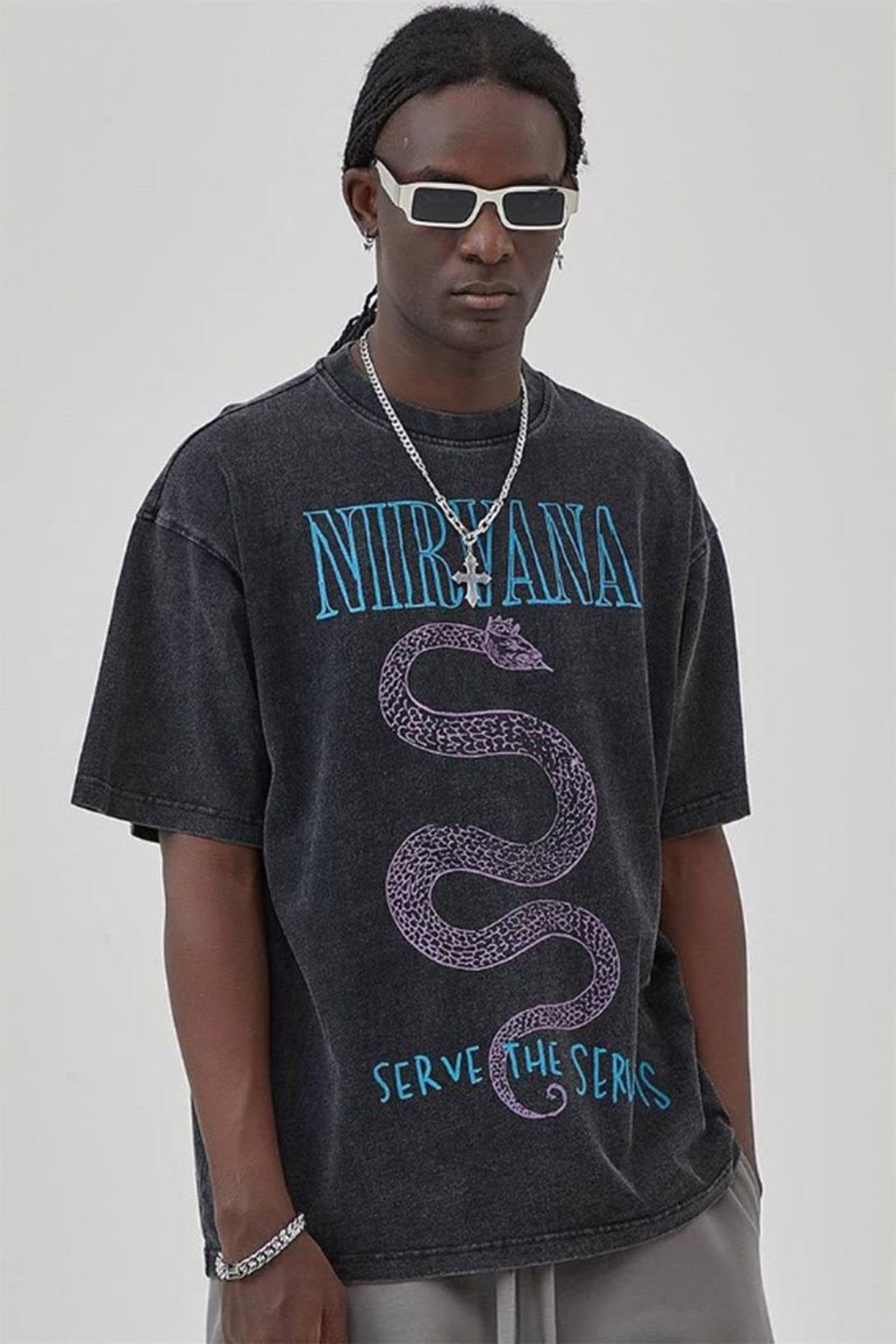 Trendiz Unisex Serve the Servants Nirvana Yıkamalı Tshirt Antrasit