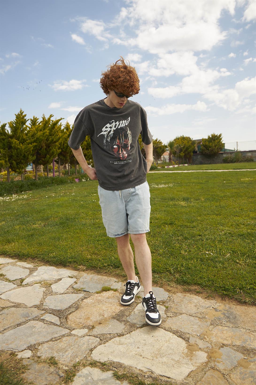 Trendiz Unisex Skull Rapper Yıkamalı Tshirt Antrasit