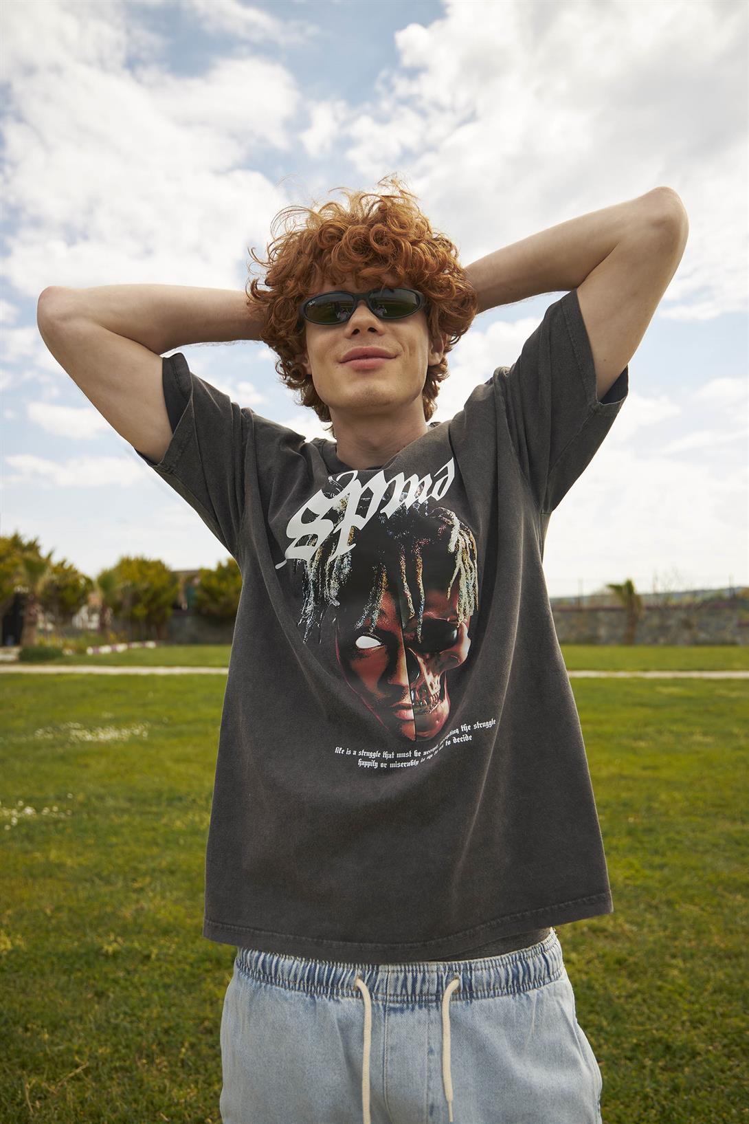 Trendiz Unisex Skull Rapper Yıkamalı Tshirt Antrasit