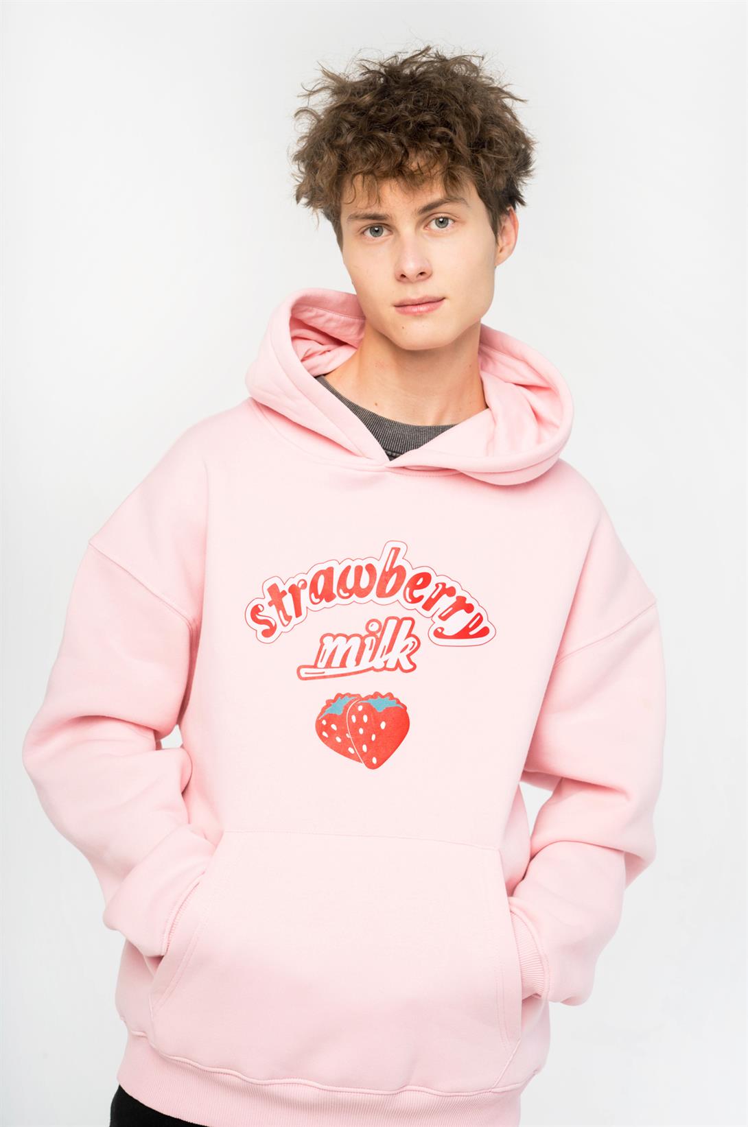 Trendiz Unisex Strawberry Milk Sweatshirt Hoodie Pembe
