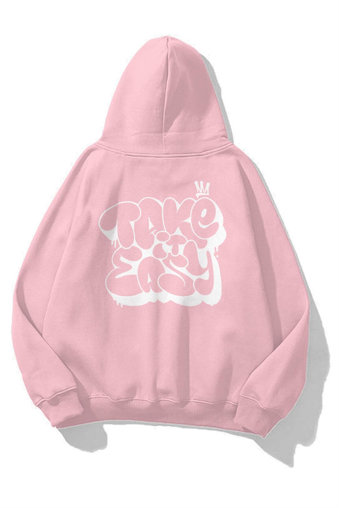 Trendiz Unisex Take it Easy Sweatshirt Hoodie Pembe
