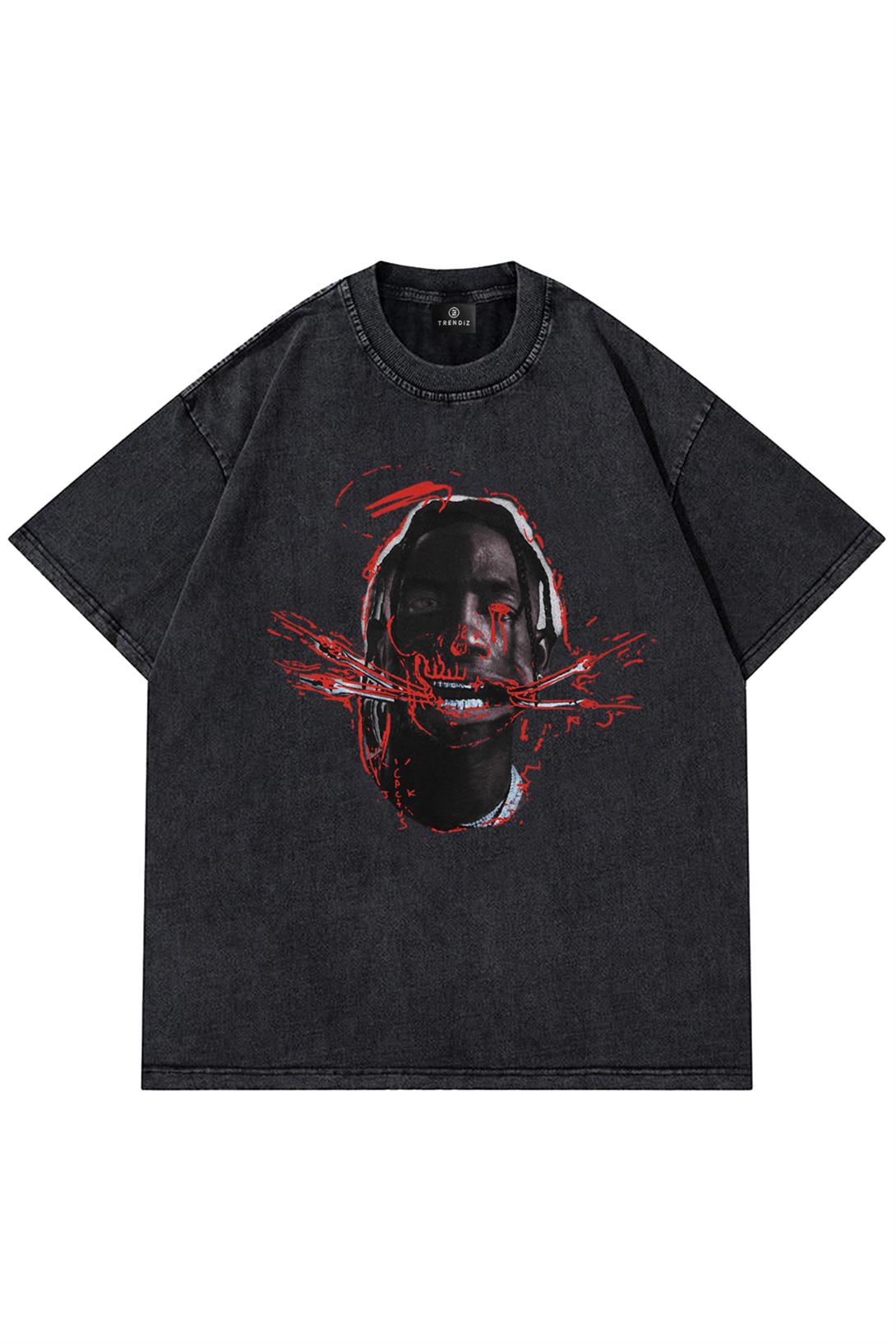 Trendiz Unisex Travis Red Yıkamalı Tshirt Antrasit