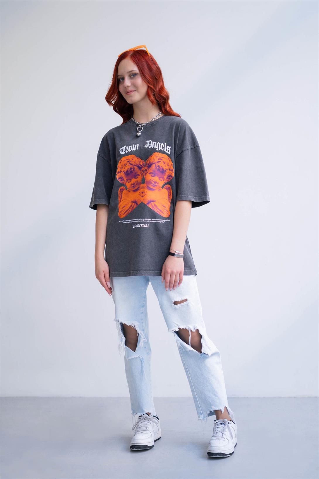 Trendiz Unisex Twin Angels Yıkamalı Antasit Tshirt