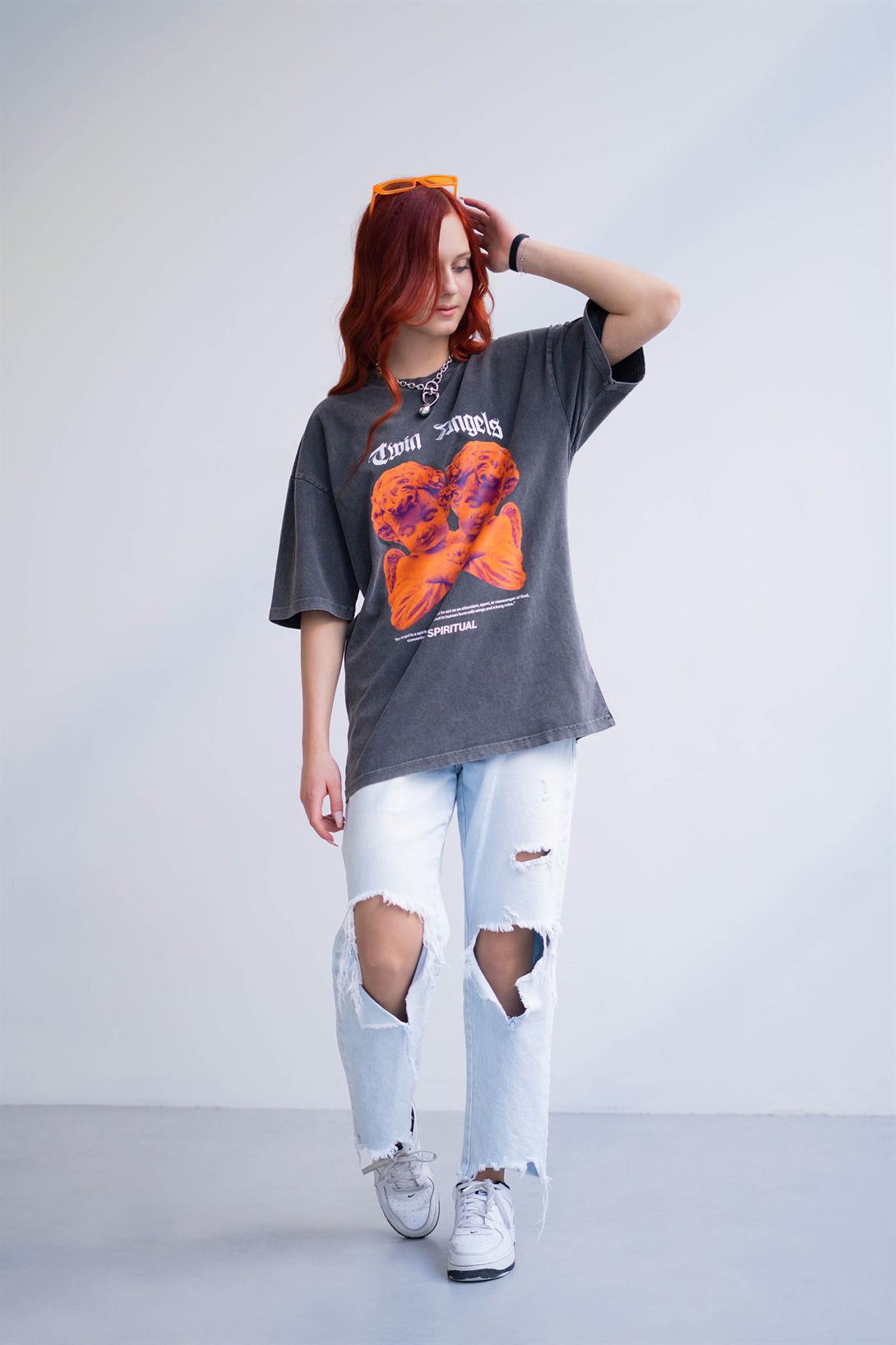 Trendiz Unisex Twin Angels Yıkamalı Antasit Tshirt