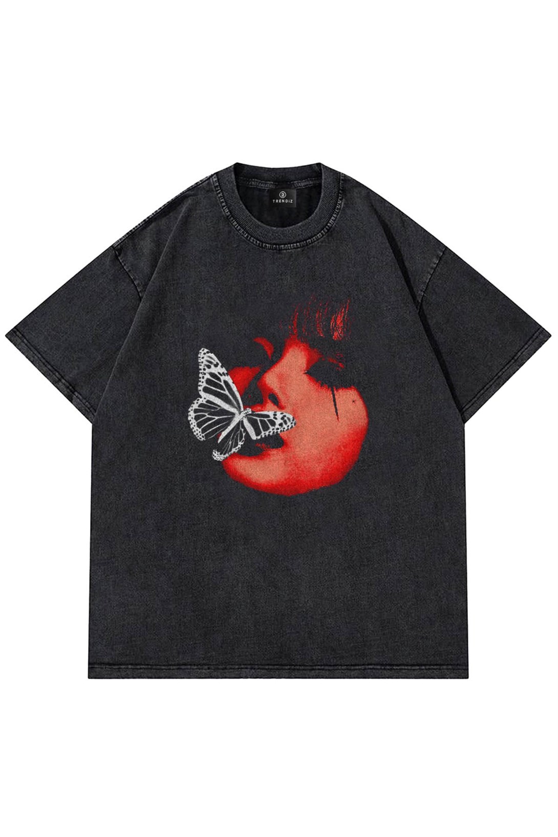 Trendiz Unisex Yıkamalı Kelebekli Antrasit Tshirt
