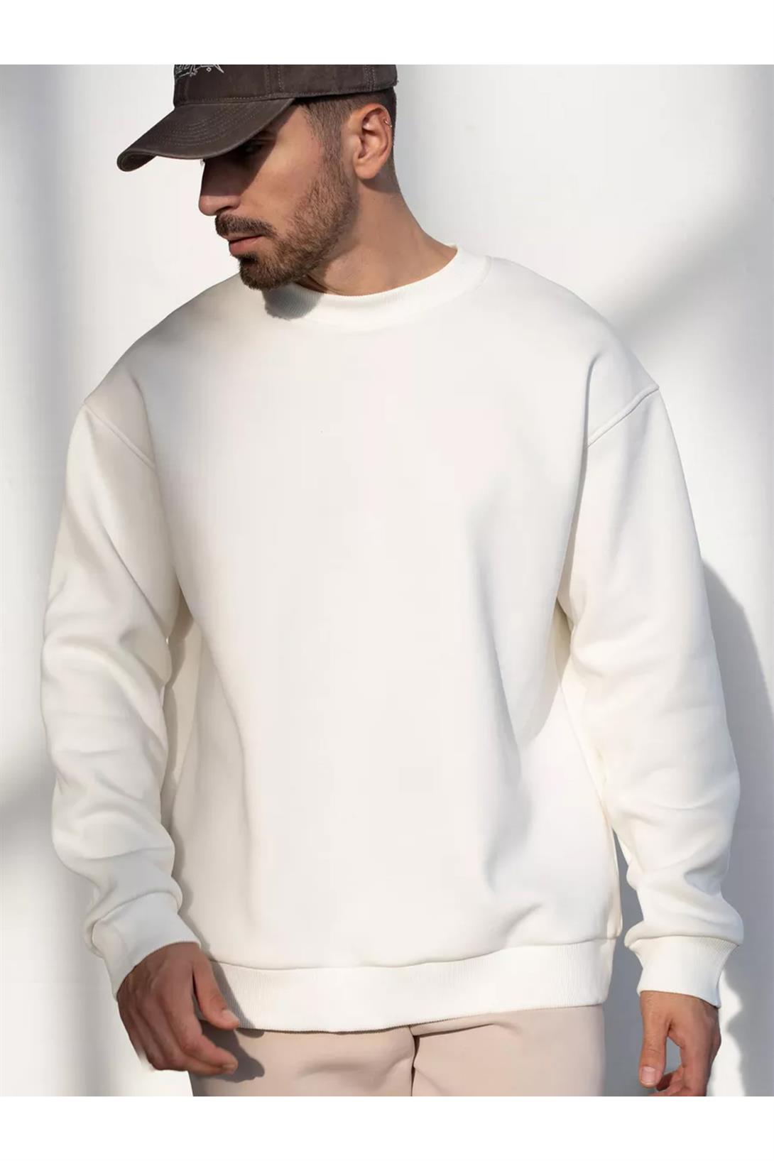 Unisex Basic Bisiklet Yaka Sweatshirt Beyaz