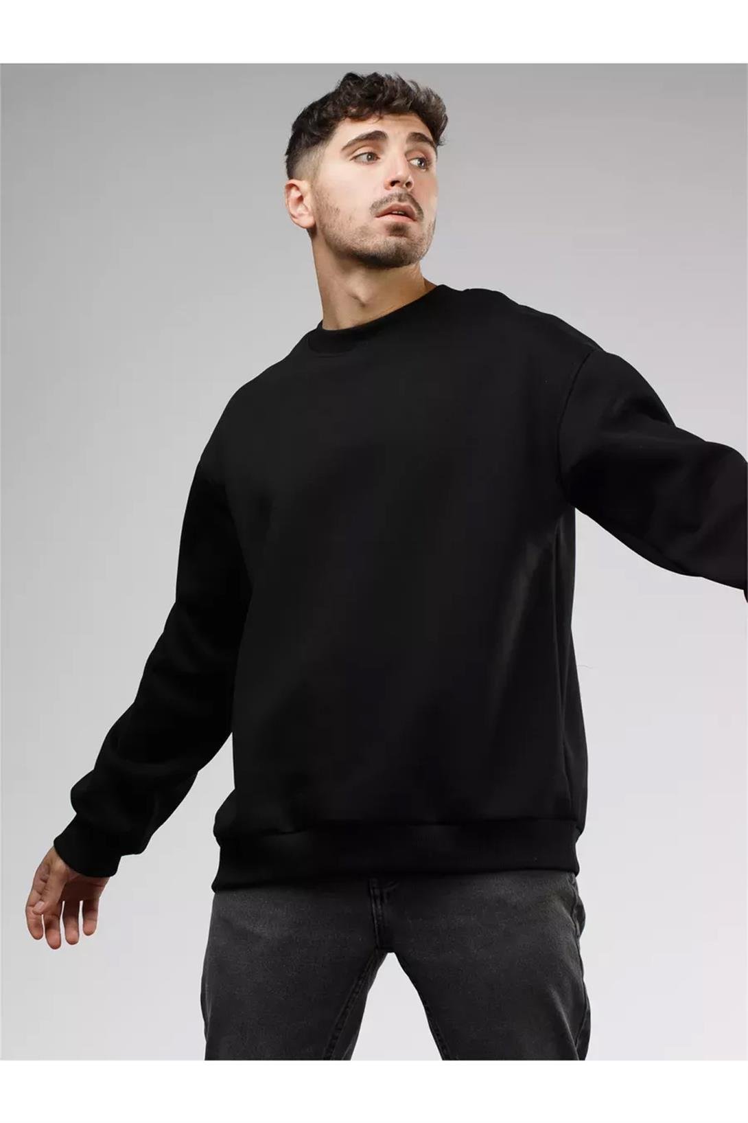 Unisex Basic Bisiklet Yaka Sweatshirt Siyah