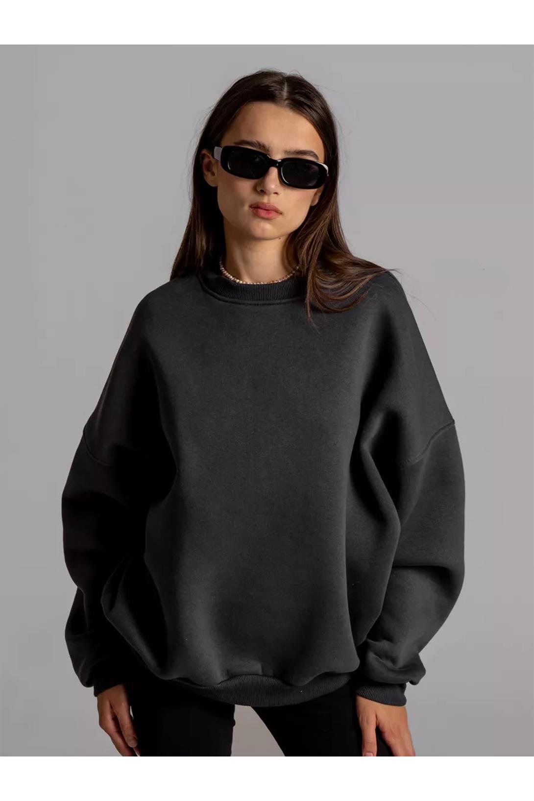 Unisex Basic Bisiklet Yaka Sweatshirt Antrasit