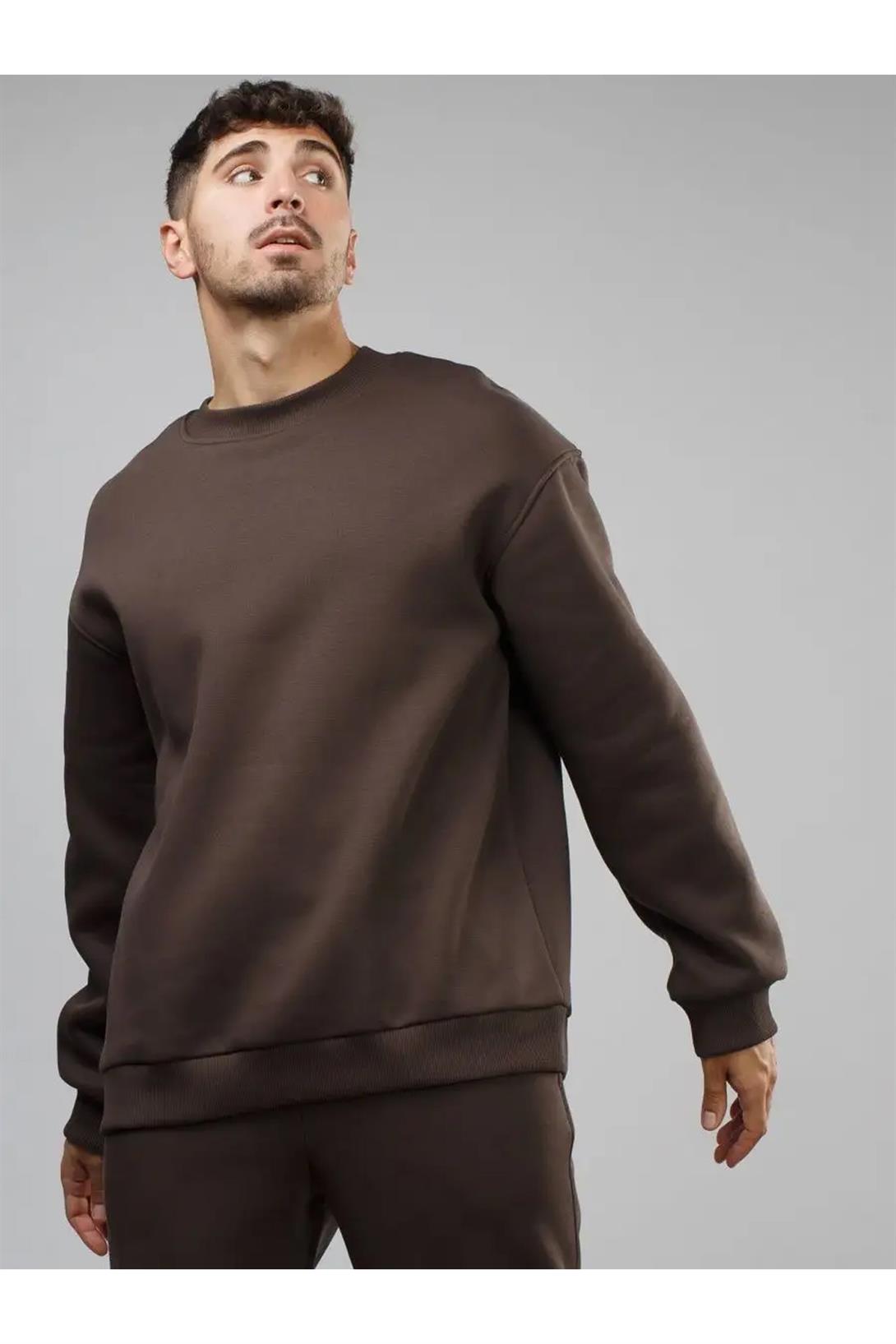 Unisex Basic Bisiklet Yaka Sweatshirt Kahve