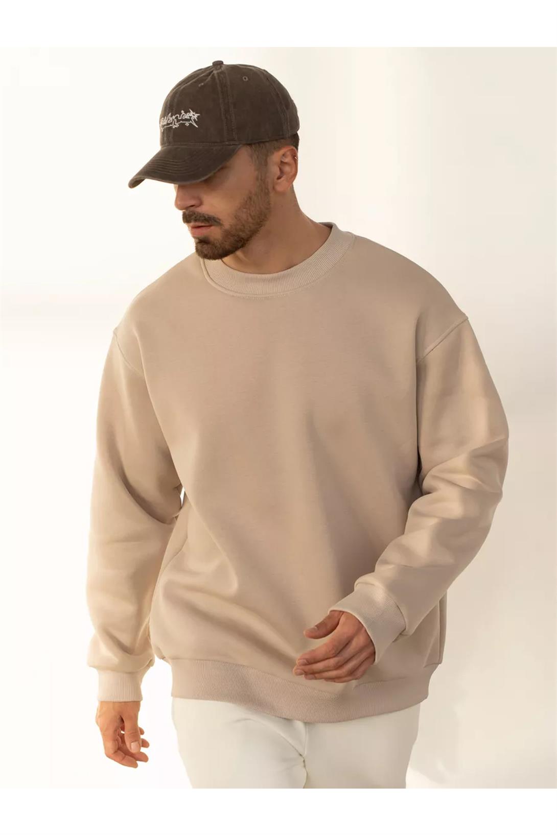 Unisex Basic Bisiklet Yaka Sweatshirt Taş