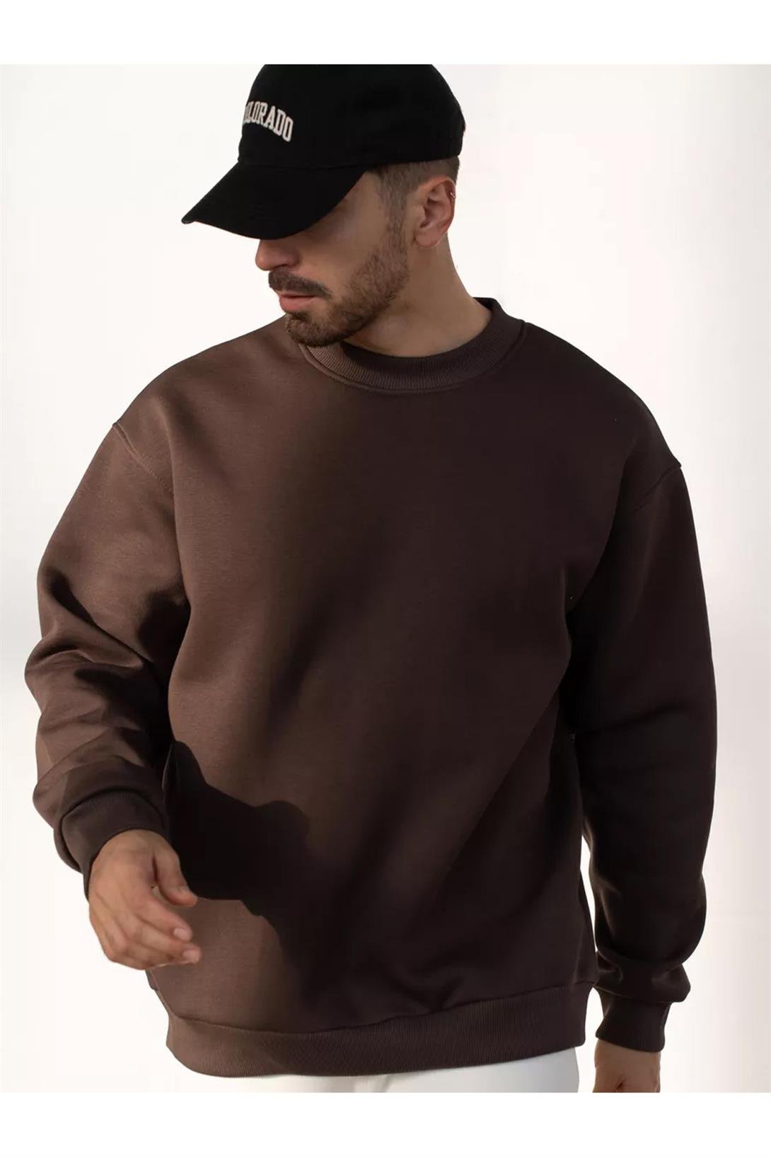 Unisex Basic Bisiklet Yaka Sweatshirt Kahve