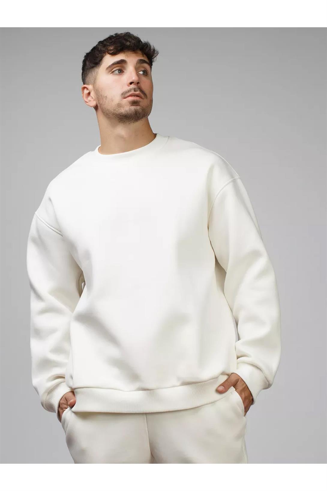 Unisex Basic Bisiklet Yaka Sweatshirt Beyaz