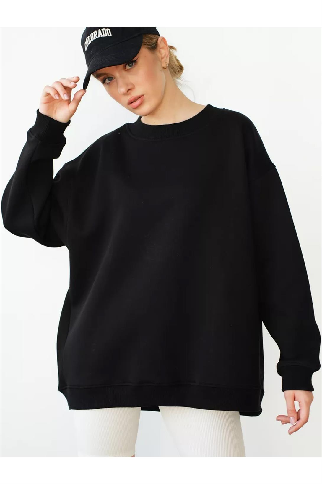 Unisex Basic Bisiklet Yaka Sweatshirt Siyah