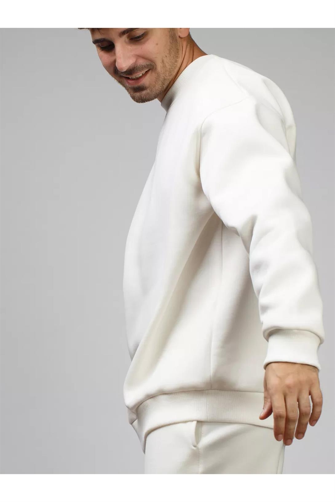 Unisex Basic Bisiklet Yaka Sweatshirt Beyaz