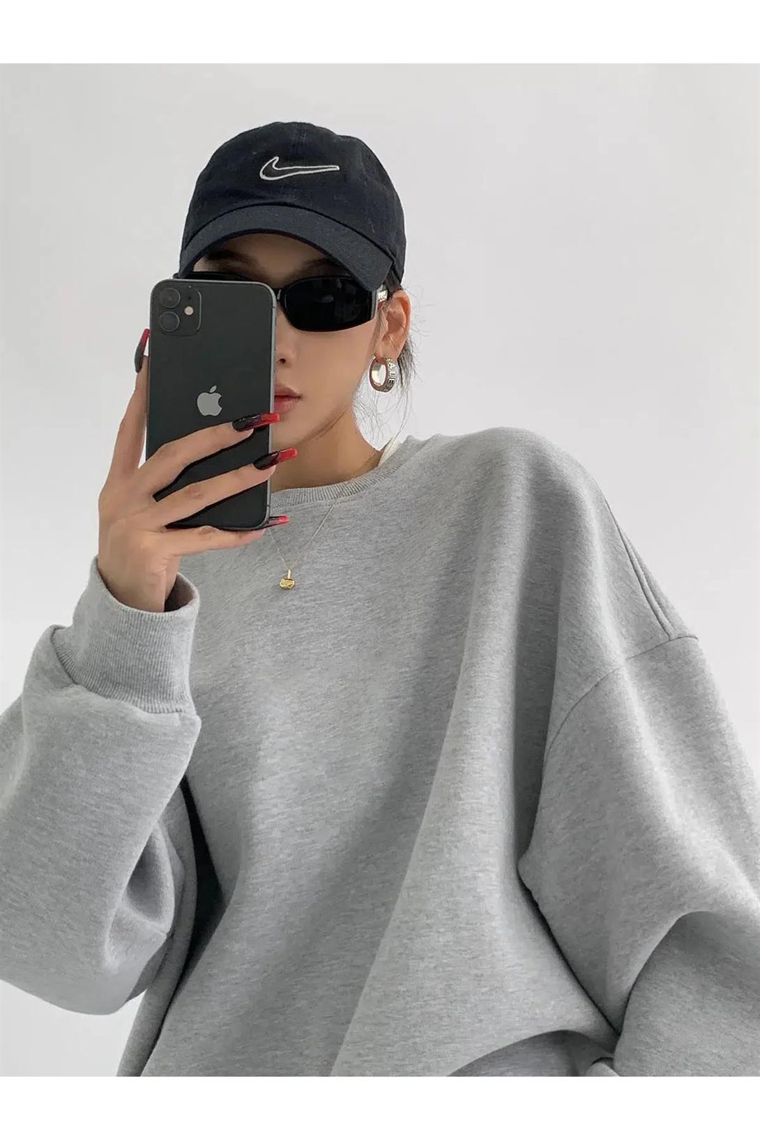 Unisex Basic Bisiklet Yaka Sweatshirt Gri
