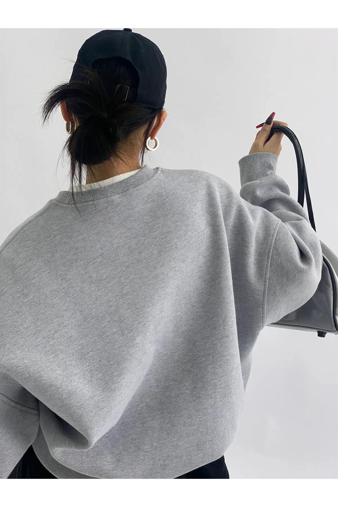 Unisex Basic Bisiklet Yaka Sweatshirt Gri