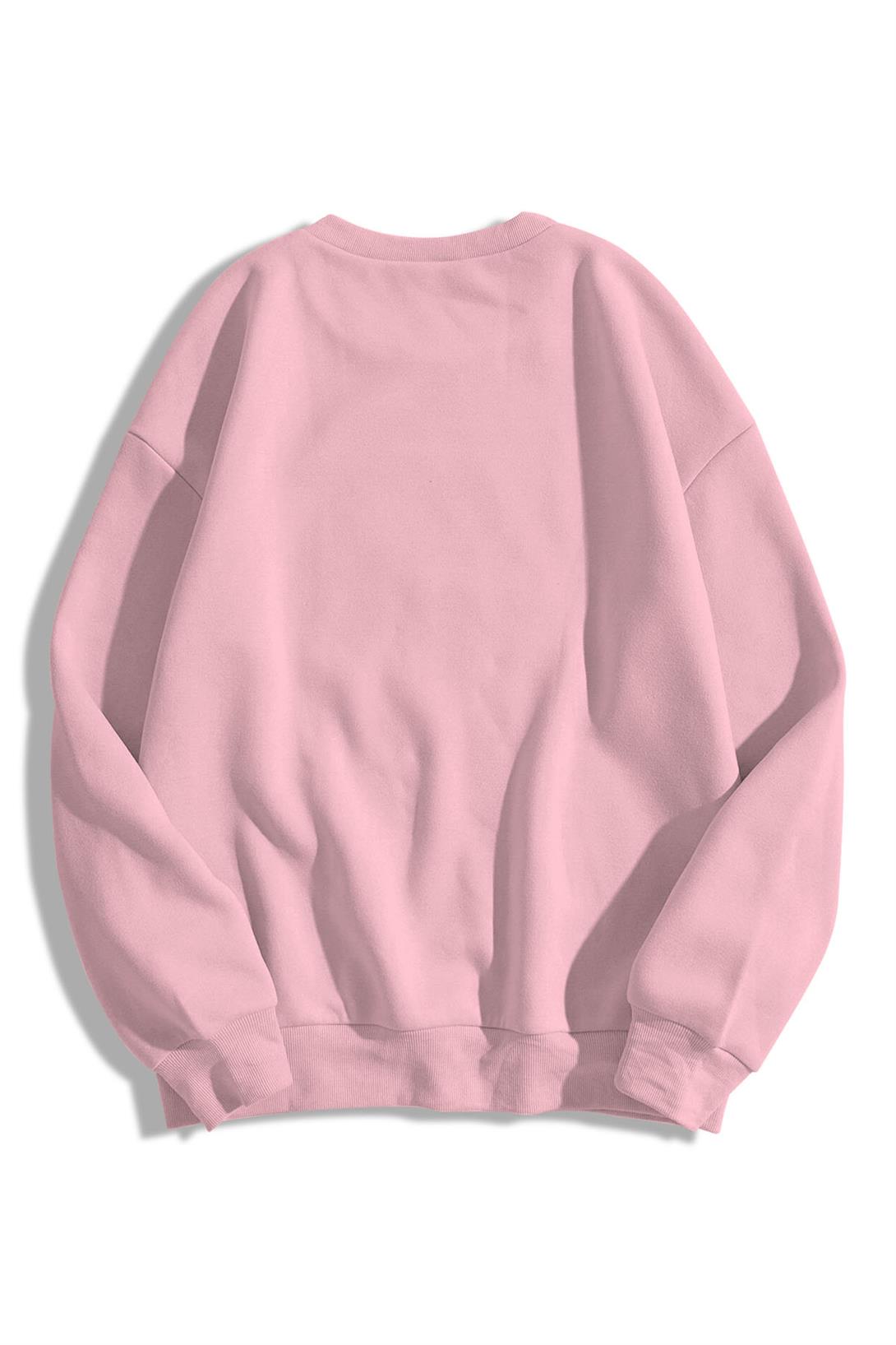 Unisex Basic Bisiklet Yaka Sweatshirt Pembe
