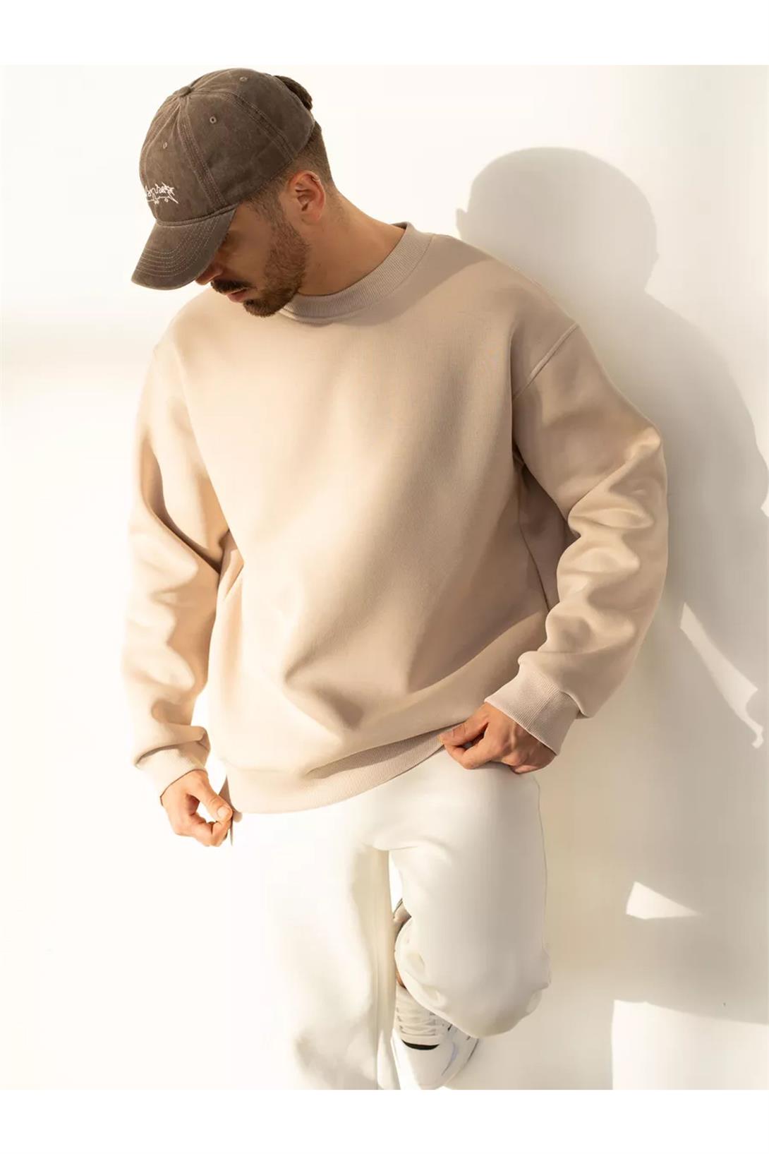 Unisex Basic Bisiklet Yaka Sweatshirt Taş