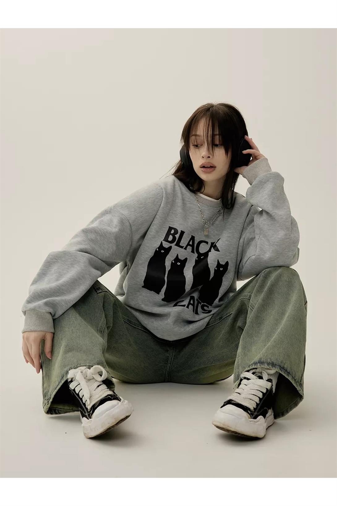 Unisex Black Cats Bisiklet Yaka Sweatshirt Gri