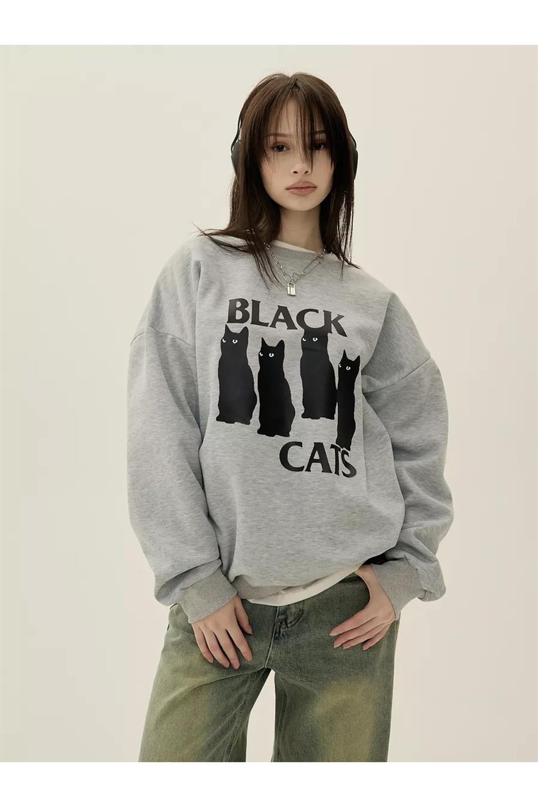 Unisex Black Cats Bisiklet Yaka Sweatshirt Gri