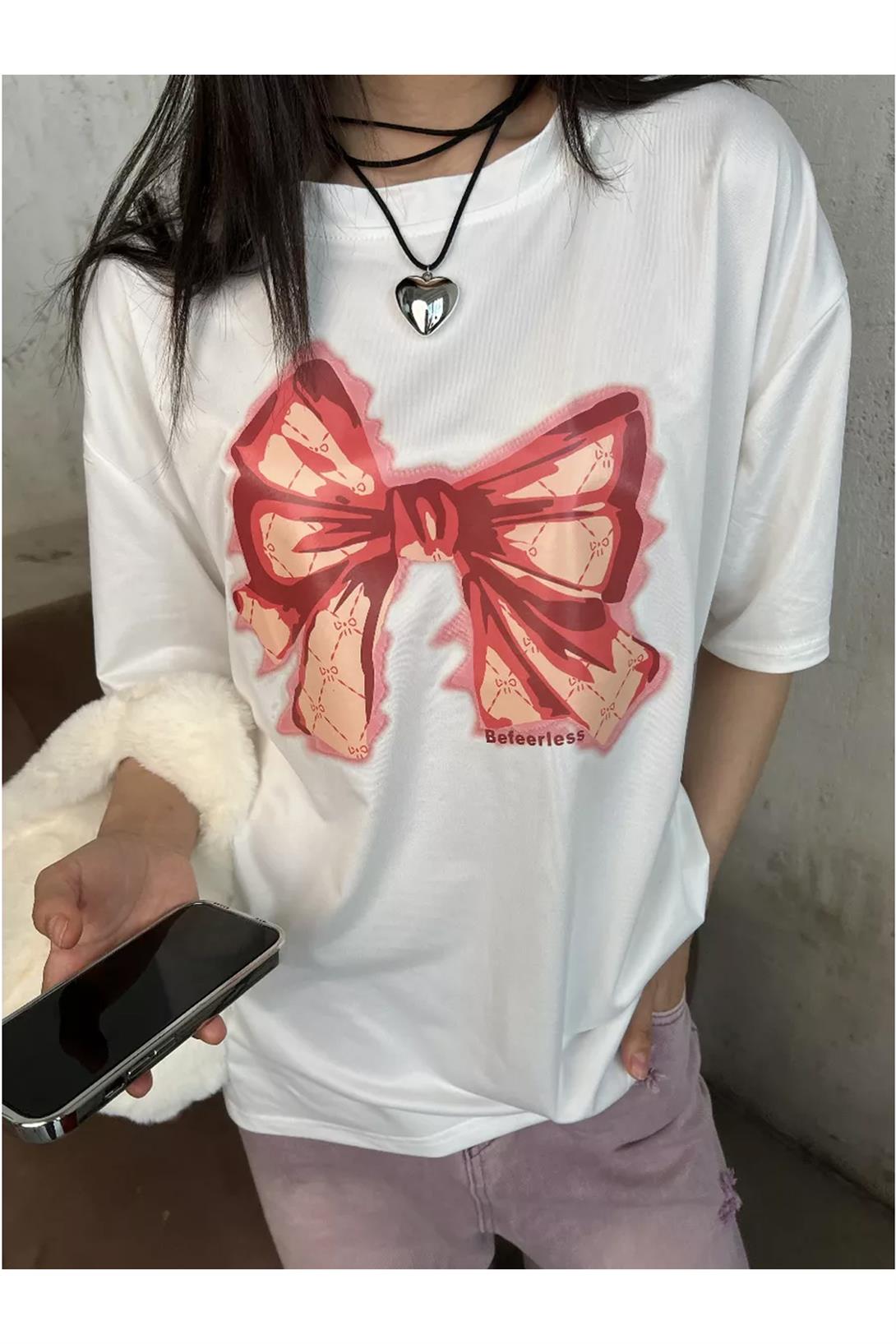 Unisex Bow Tie Tshirt Beyaz