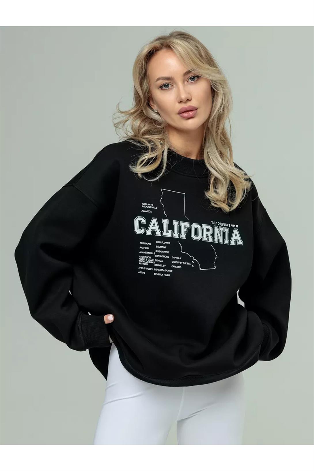 Unisex California Bisiklet Yaka Sweatshirt Siyah