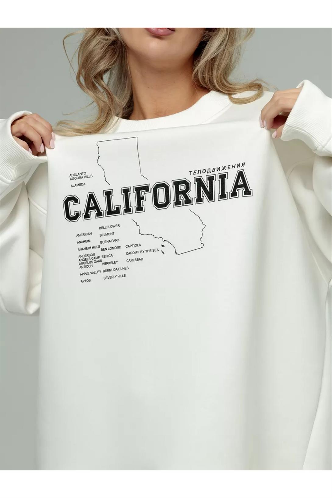 Unisex California Bisiklet Yaka Sweatshirt Beyaz