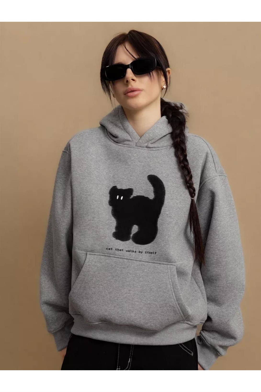 Unisex Cat That Walks By Itself Sweatshirt Gri