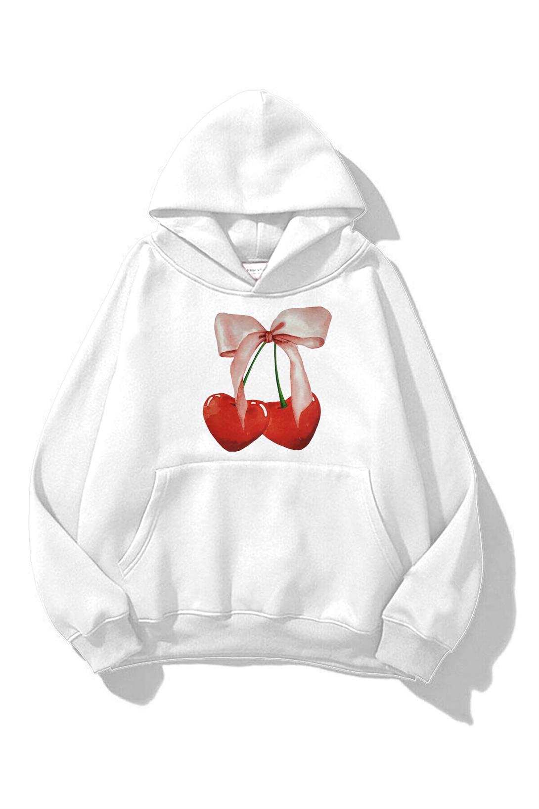 Unisex Cherry Ribbon Sweatshirt Beyaz