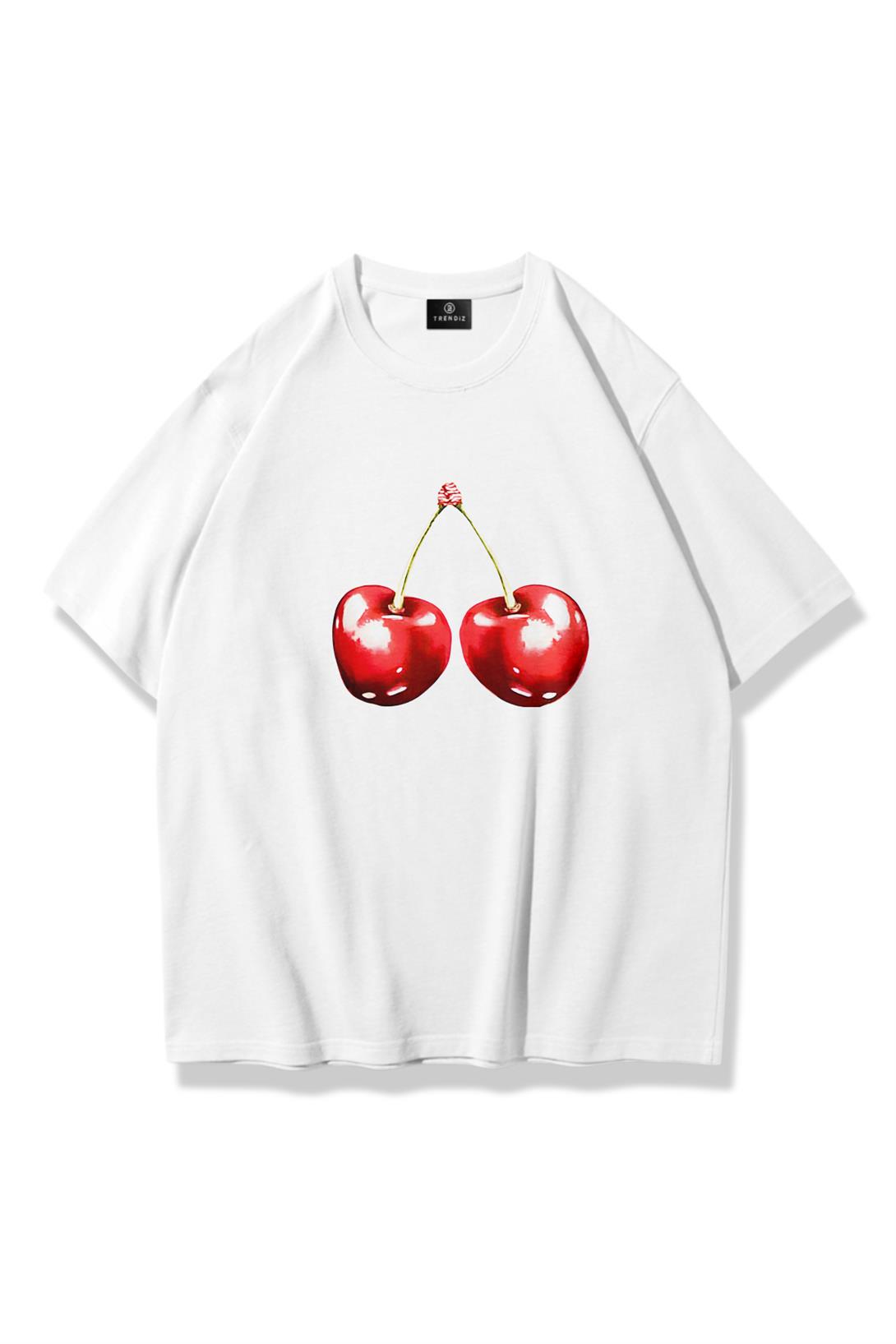 Unisex Cherry Tshirt Beyaz