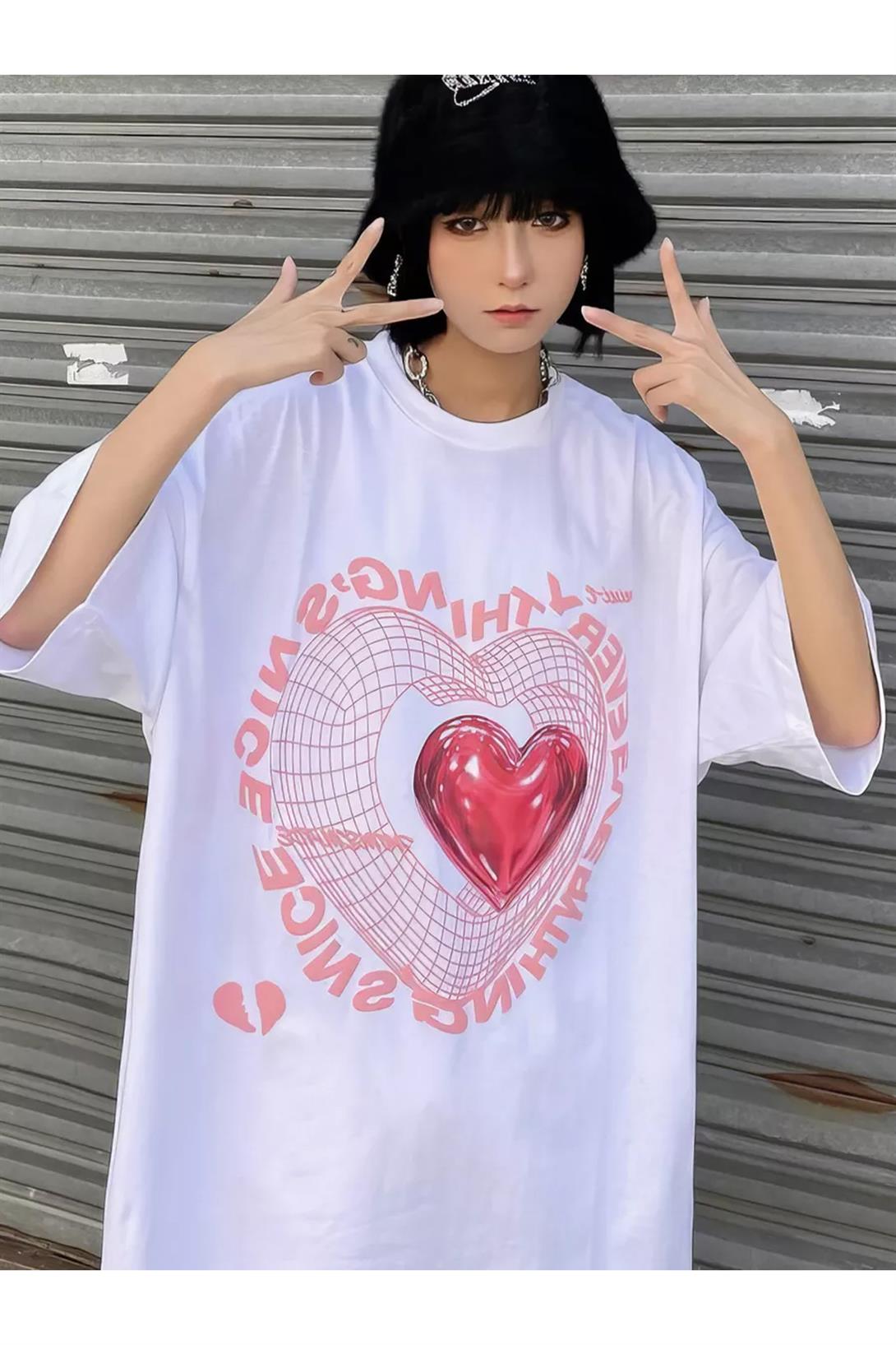 Unisex Heart Every Since Tshirt Beyaz