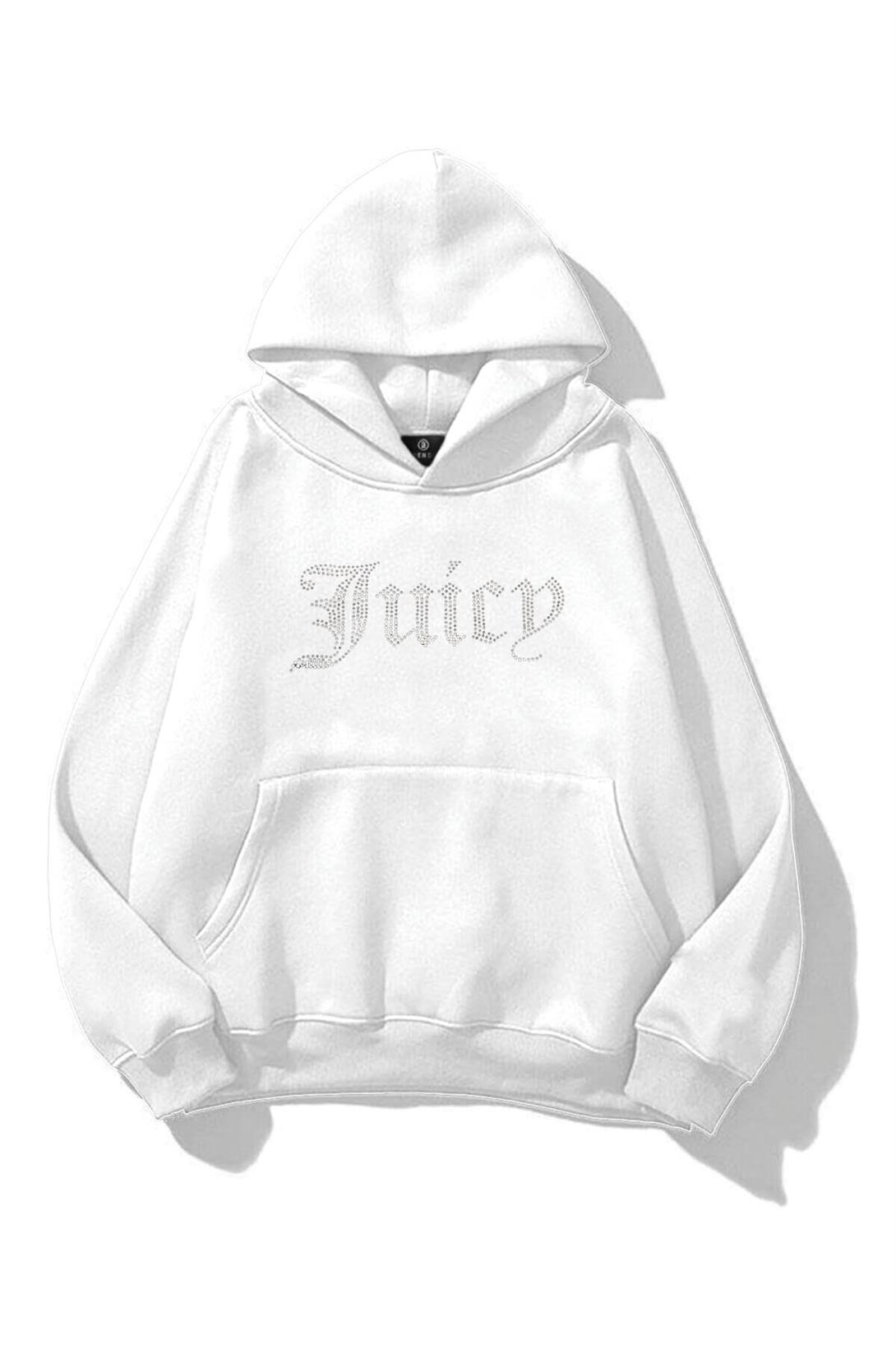 Unisex Juicy Taş Baskılı Sweatshirt Beyaz
