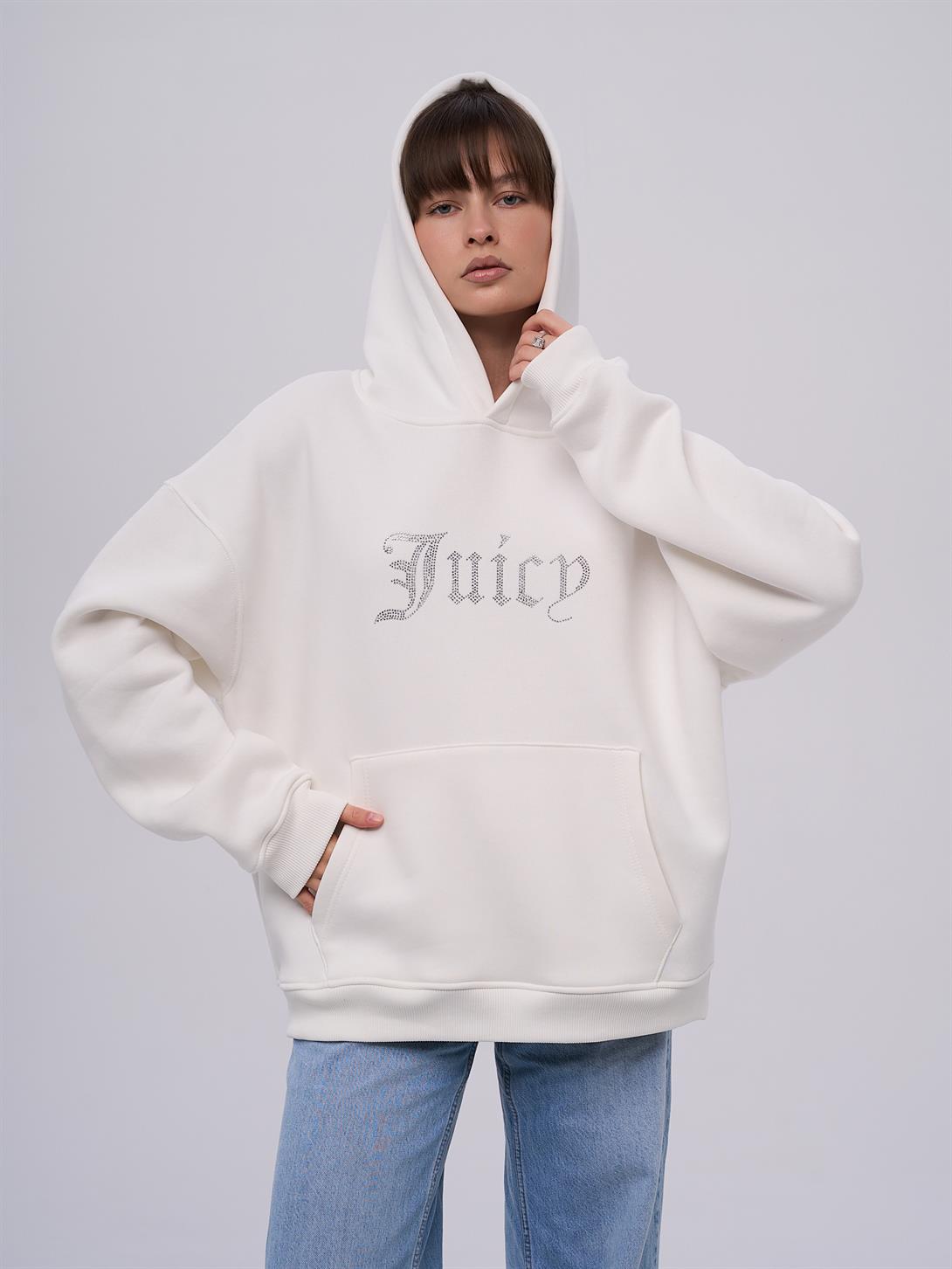 Unisex Juicy Taş Baskılı Sweatshirt Beyaz