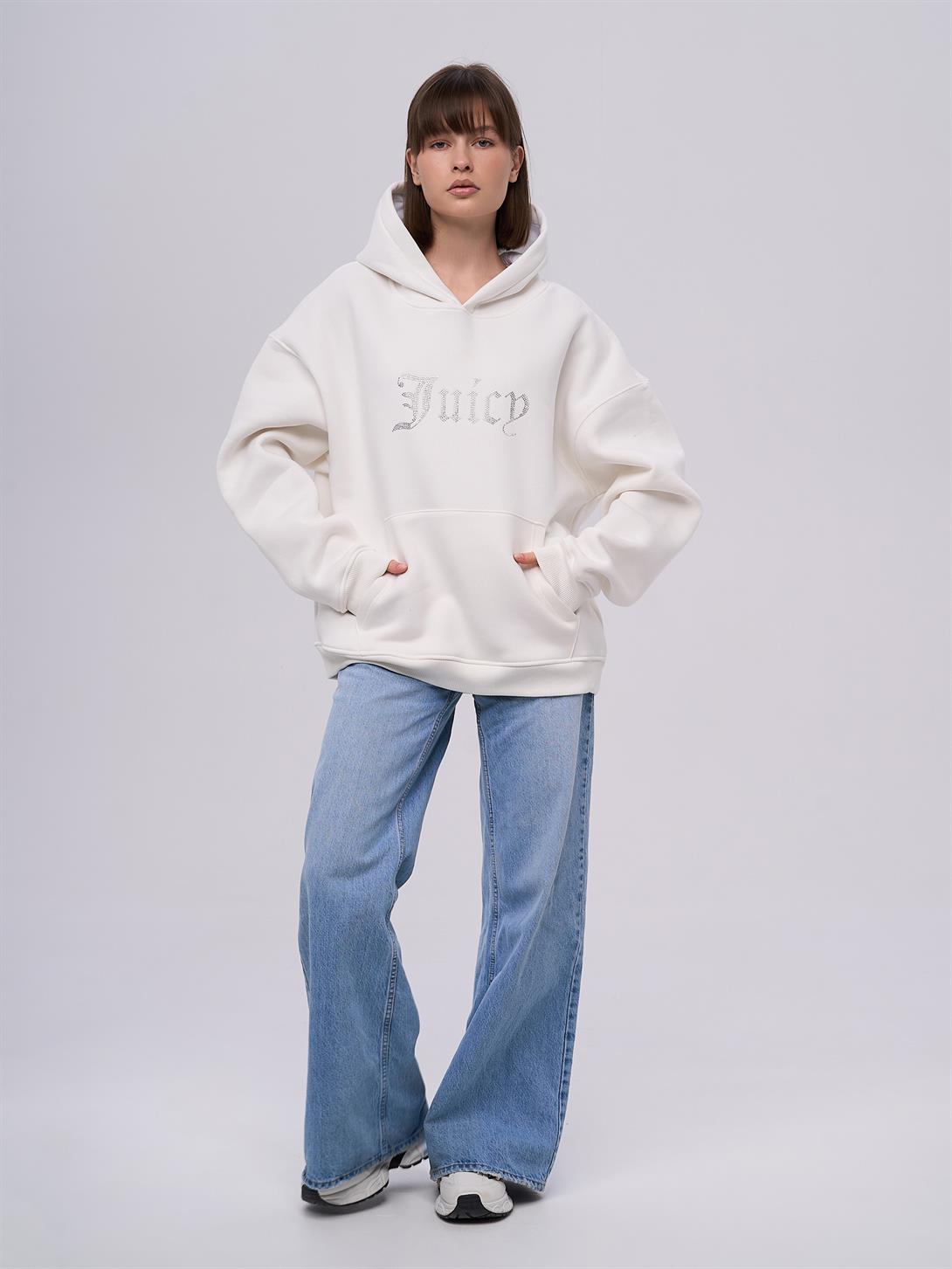 Unisex Juicy Taş Baskılı Sweatshirt Beyaz