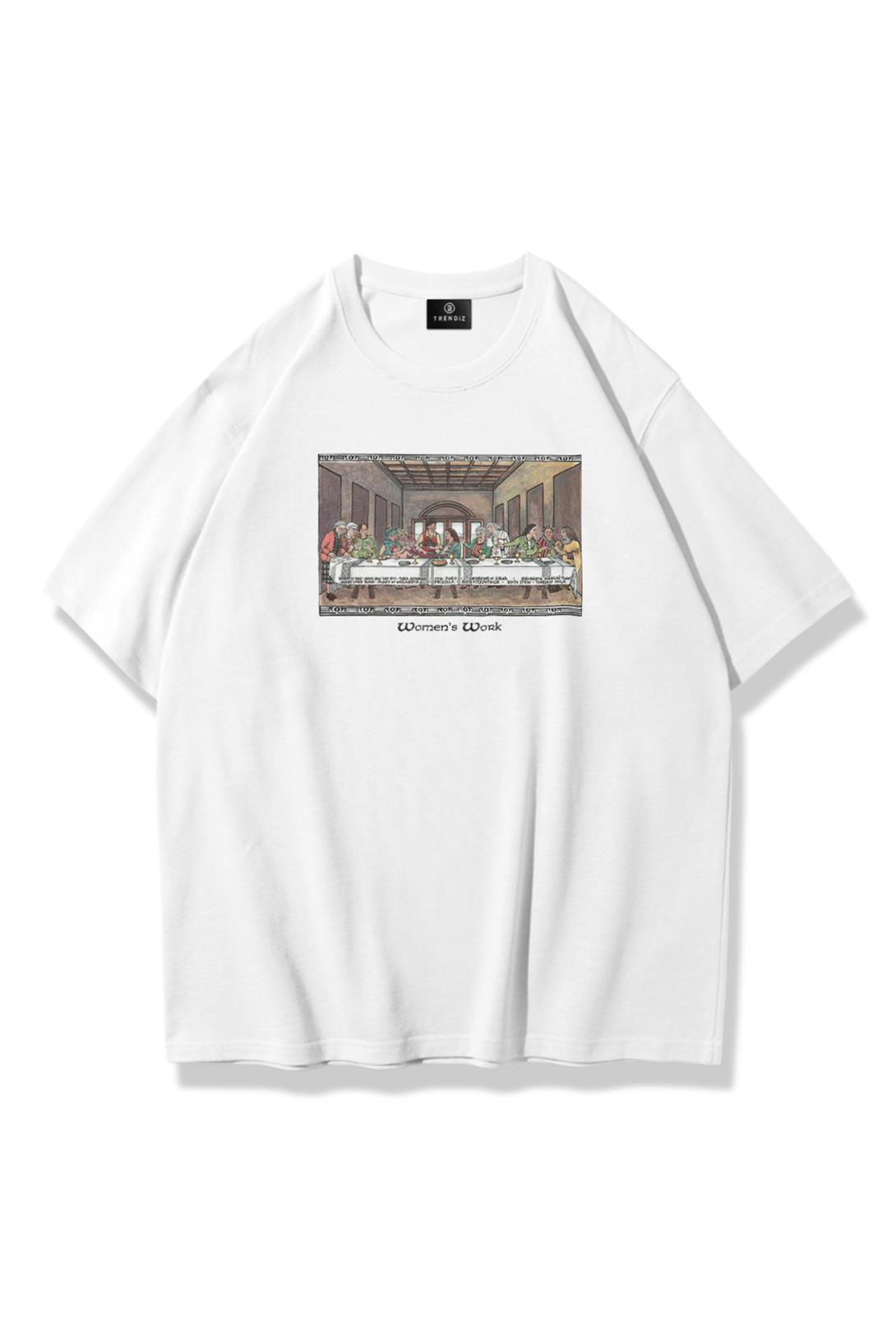 Unisex Last Supper Womens Work Tshirt Beyaz