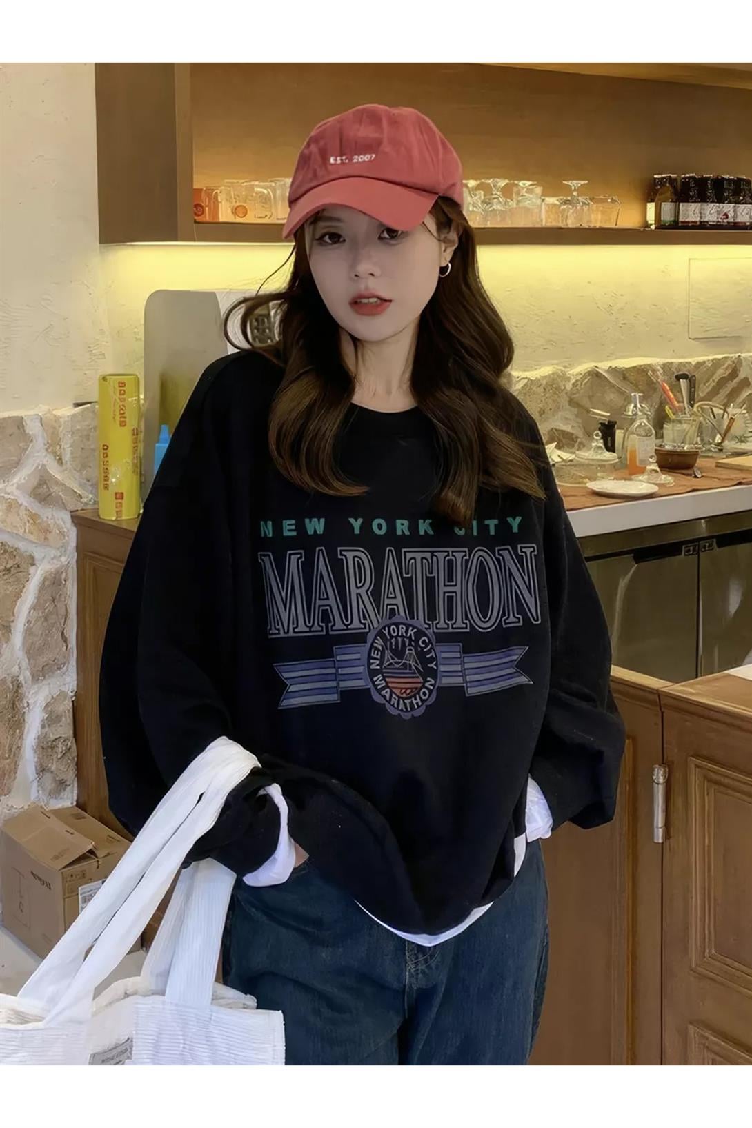 Unisex Marathon Bisiklet Yaka Sweatshirt Siyah