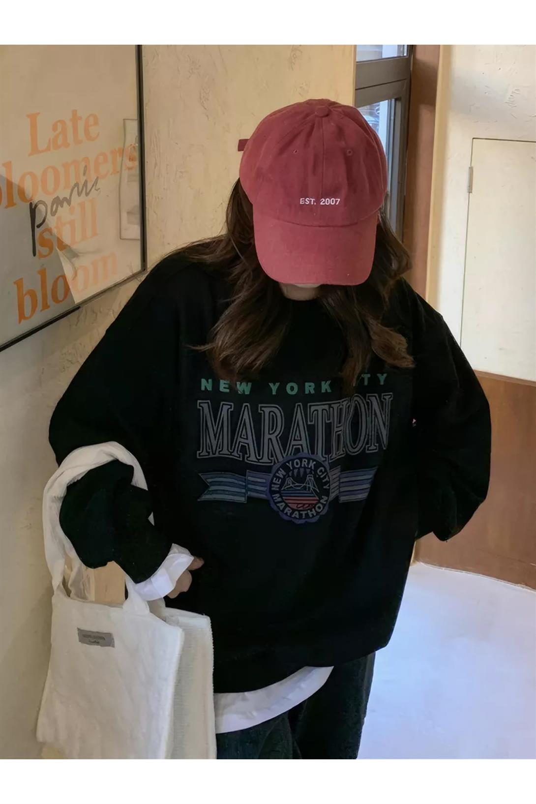 Unisex Marathon Bisiklet Yaka Sweatshirt Siyah
