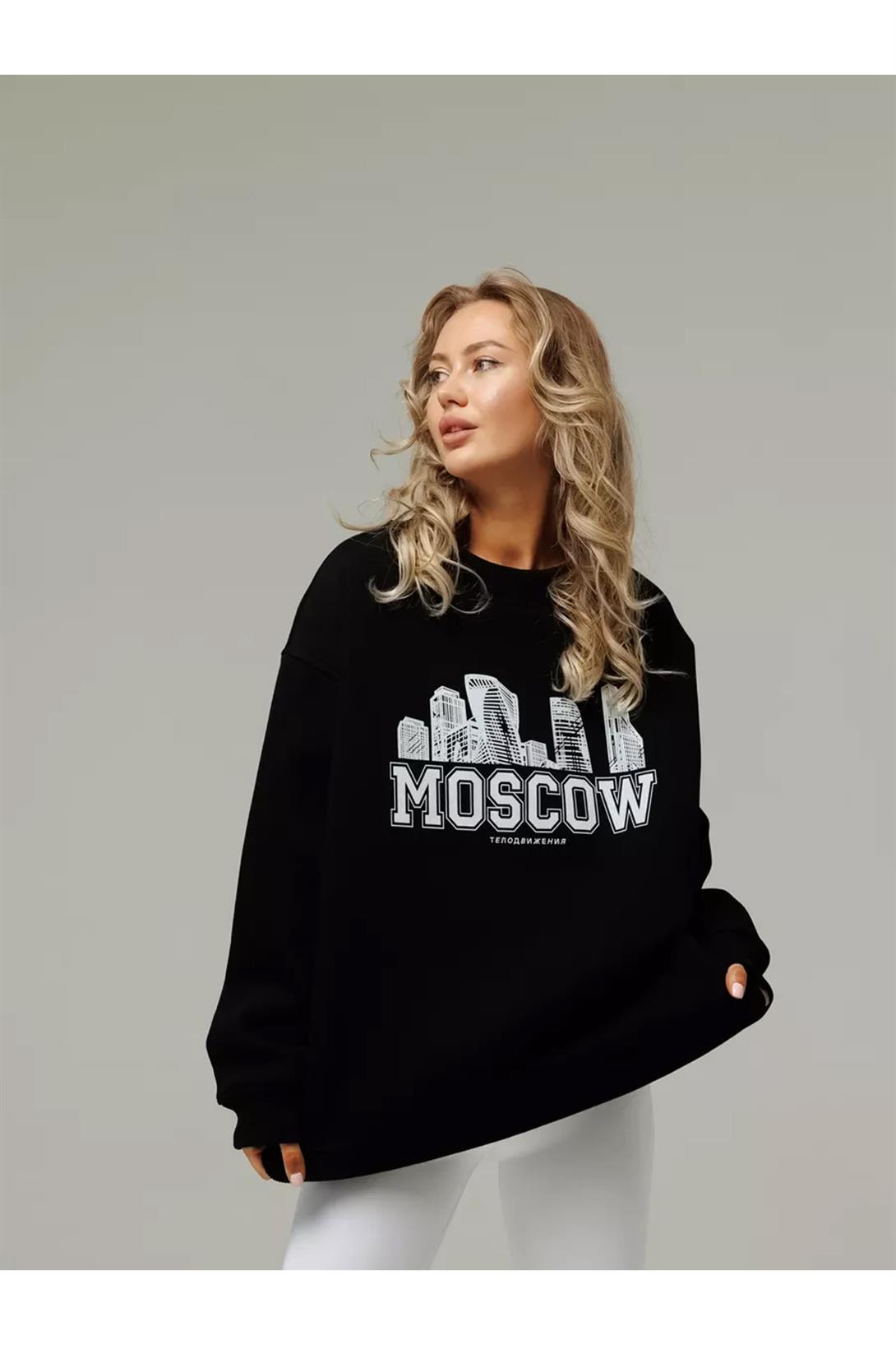 Unisex Moscow Bisiklet Yaka Sweatshirt Siyah