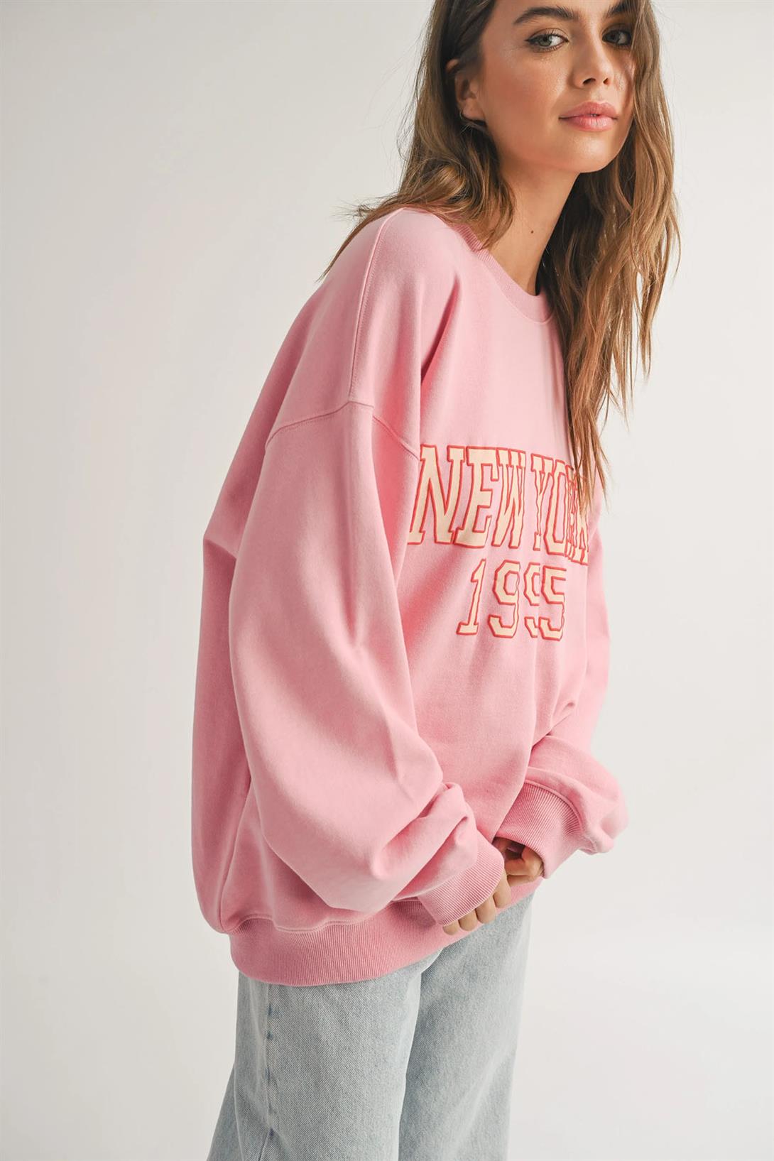 Unisex New York 1995 Bisiklet Yaka Sweatshirt Pembe