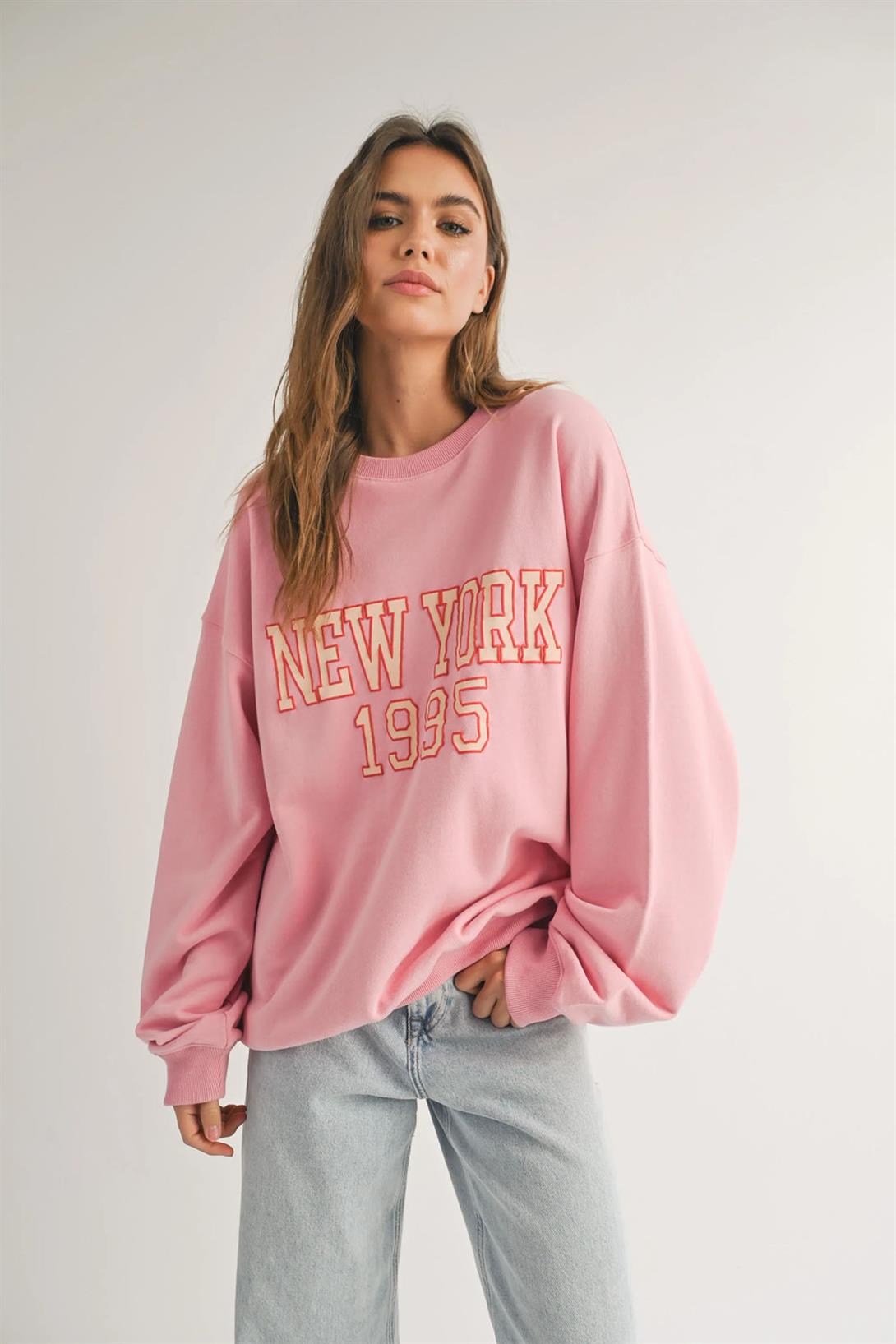 Unisex New York 1995 Bisiklet Yaka Sweatshirt Pembe