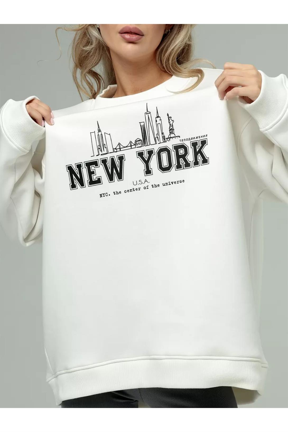 Unisex New York Bisiklet Yaka Sweatshirt Beyaz