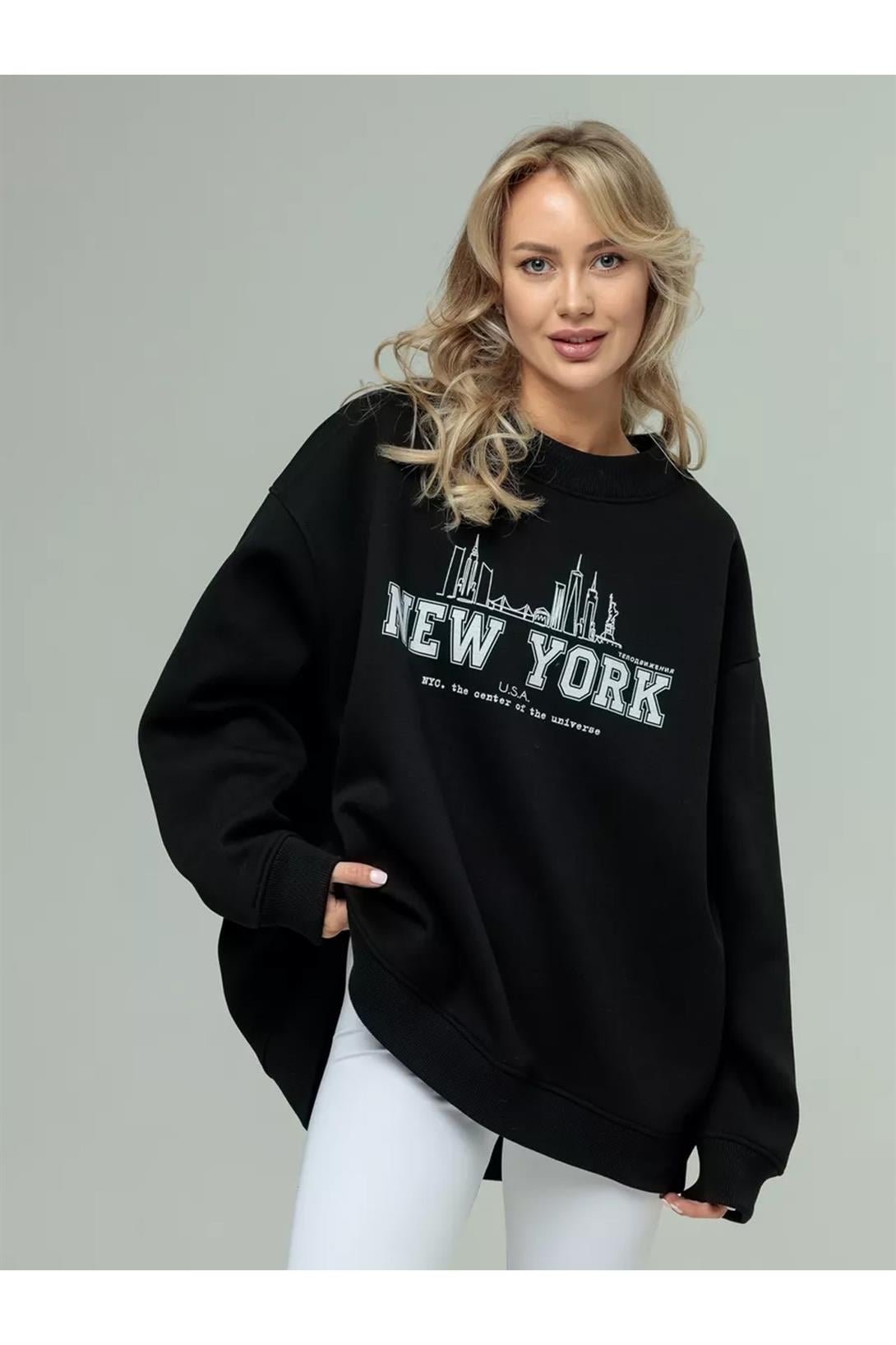 Unisex New York Bisiklet Yaka Sweatshirt Siyah